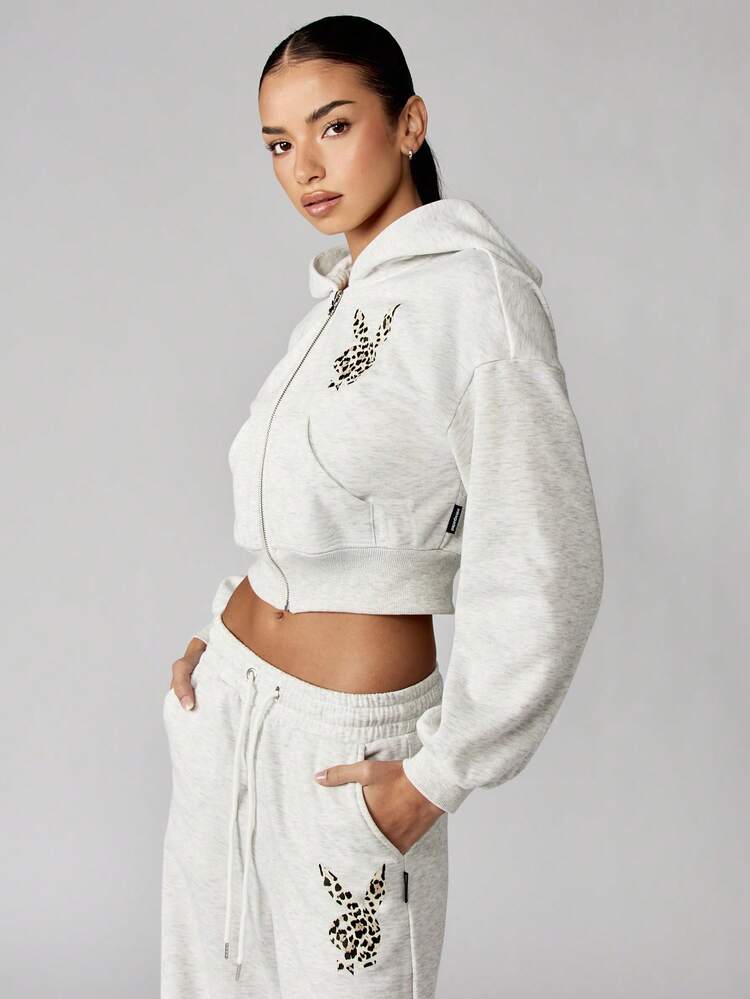Missguided x Playboy Leoparden-Muster Text Kurze Reißverschluss Kapuzenpullover Sweatshirt Loungewear Winter Herbst Lässig Streetwear Mode - Hellgrau - Übersicht 2