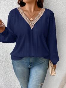 SHEIN Frenchy Áo thun tay dài cổ chữ V viền ren màu tương phản cỡ lớn - Xanh đậm - Xem 5