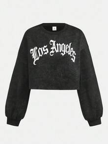 SHEIN 少女短款长袖黑色雪花印花圆领宽松运动衫，休闲学院风“Lose Angel”图案，秋冬 - 黑色 - 查看 5