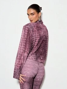 KIZN Velvet Textured Crocodile Scale Mesh Panel Bodysuit With Plunging V Neck Collar Long Sleeve Retro Fashion Party Evening Clubwear Statement Piece