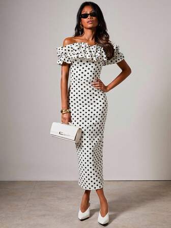 COSMINA Elegante off-shoulder jurk met stippenprint voor dames, tot op de schouders en tot op de heupen