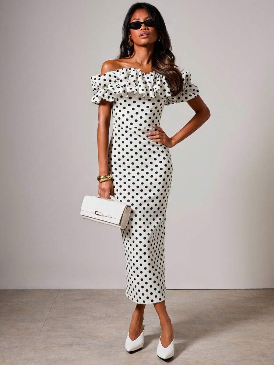 COSMINA Váy dài ngang vai họa tiết chấm bi thanh lịch dành cho nữ - trắng - Xem 1