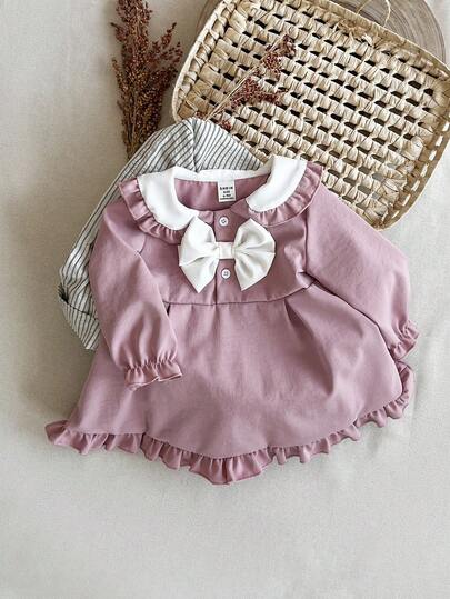 SHEIN 女婴秋季可爱褶边 A 字连衣裙，长袖，大翻领，蝴蝶结装饰