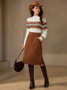 Wildy High Waist Slant Pocket Corduroy Skirt