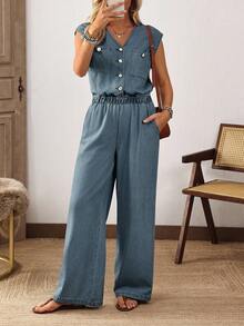 EMERY ROSE 女式休闲纽扣半襟斜口袋牛仔背带裤，夏季 - 藍色 - 查看 6