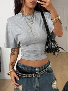 Coolane 女式四季简约 Y2K 基本款日常休闲返校街头风弹力宽松褶皱短款 T 恤，2 件 - 彩色 - 查看 2