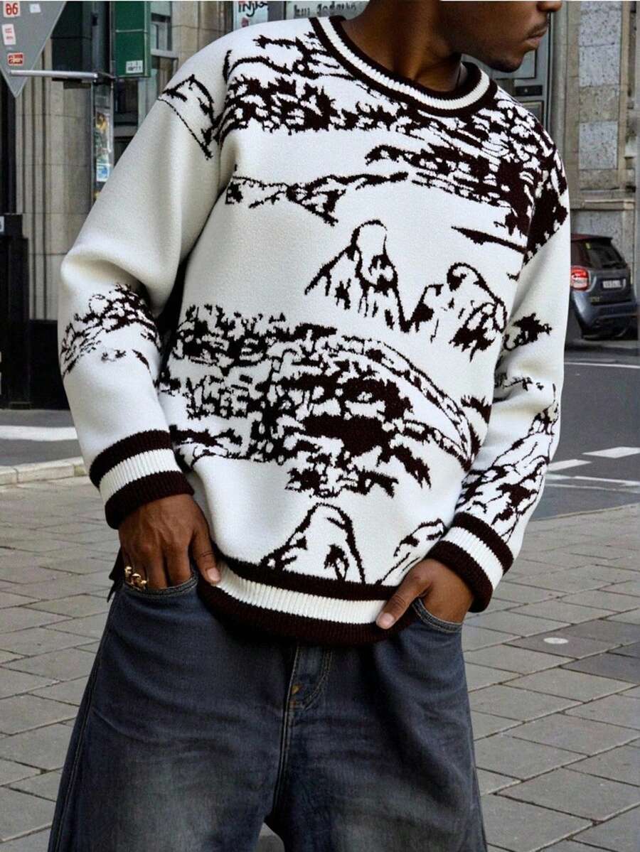 Manfinity EMRG Men's Casual Graphic Crew Neck Drop Shoulder Long Sleeve Sweater, Autumn - Multicolor - View 1