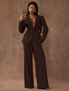 SHEIN BAE Women's Solid Color Waist Cinched Jacket And Pants Suit Set - Brown - View 3