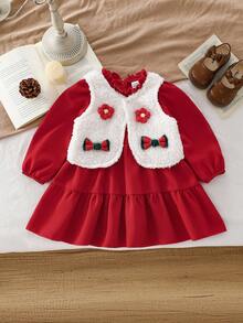 SHEIN 女婴圣诞泰迪熊图案白色开衫背心和红色长袖编织连衣裙套装，适合派对，秋冬季 - 紅色 - 查看 3
