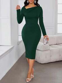 SHEIN Lady 2025 New Women's Elegant Commuter Dark Green Solid Color Asymmetric Collar Fitted Mid-Length Dress