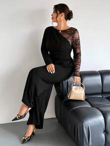 Firerie Plus Size Elegant Casual Commuter Professional Office Work Daily Vacation Sexy Party Business Lace Patchwork Long Sleeve Slim Straight Stretch Jumpsuit For Women Clothes For Women Spring - Black - View 9