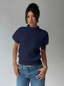 Aloruh Women's Casual Solid Color Stand Collar Short Sleeve Sweater, Autumn - Navy Blue - View 3