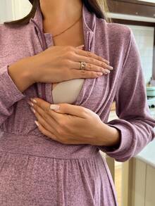 SHEIN Casual Solid Color Turndown Collar Nursing Dress - Dusty Pink - View 7