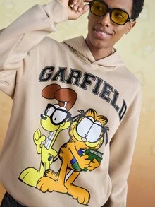 GARFIELD | SHEIN 男士休闲猫狗印花连帽衫，秋季 - 杏色 - 查看 5