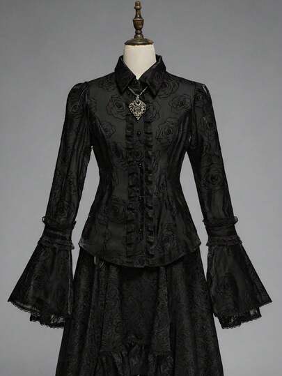 EDITION Vintage Gothic Prinzessin Ärmel Rose Blumen Muster Damen Langarm Bluse