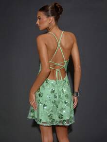 SHEIN BAE Vestido mini con tirantes de mujer de color verde sólido con bordado pesado de lentejuelas y espalda descubierta, adecuado para fiestas de cóctel, citas románticas, capas de otoño/invierno, reuniones, fiestas, noches de fiesta, eventos de discoteca - Verde - Ver 2