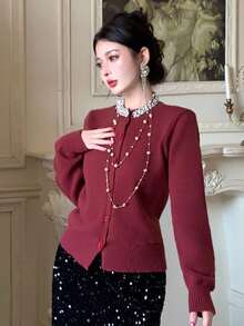 DAZY Women's Elegant Solid Color Rhinestone Embellished Cardigan, Autumn,New Year,Christmas