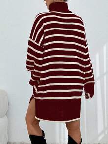 EURMUSE Women Stiped Knit Design Knit Dress With Zipper Detail - Burgundy - View 2