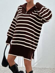 EURMUSE Women Stiped Knit Design Knit Dress With Zipper Detail - Brown - View 4