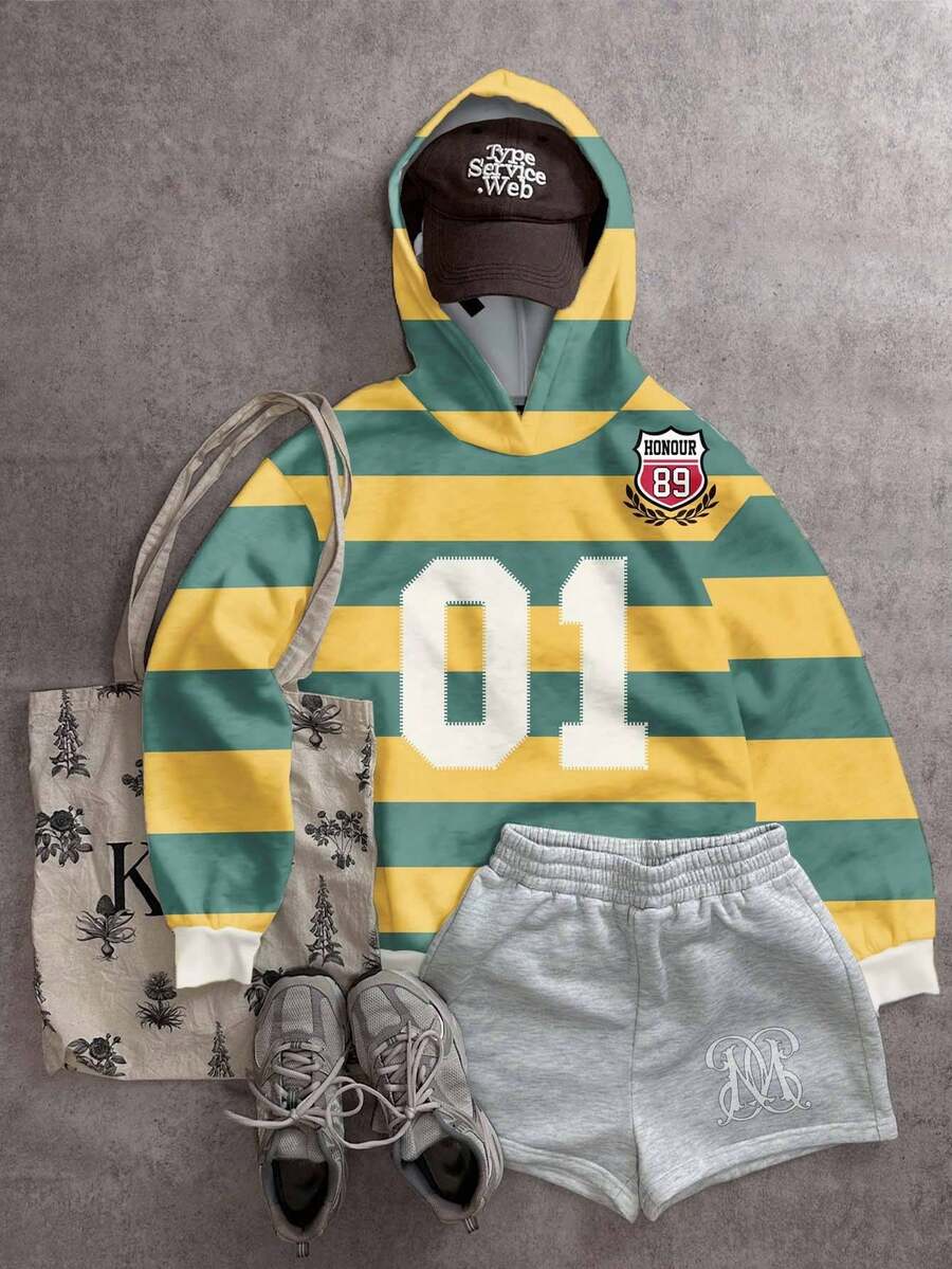 SHEIN EZwear Áo nỉ in họa tiết với các sọc tương phản rực rỡ, hình ảnh huy hiệu số, phù hợp cho mùa thu/đông, các cuộc đua, phong cách đường phố retro sành điệu. - Nhiều màu - Xem 1