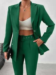SHEIN Cottnline 女士简约纯色翻领西装外套和系带西装裤套装，适合工作和通勤 - 青檸色 - 查看 5