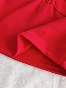 SHEIN Playful Pals 2 件女婴休闲长袖上衣 + 卡其色裤子套装，适合外出或居家休闲 - 紅色 - 查看 4