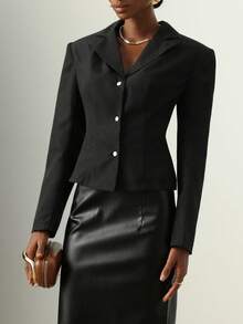 Lyxana Fashionable Elegant Solid Color Wide Shoulder Waist Shirt - Black - View 1
