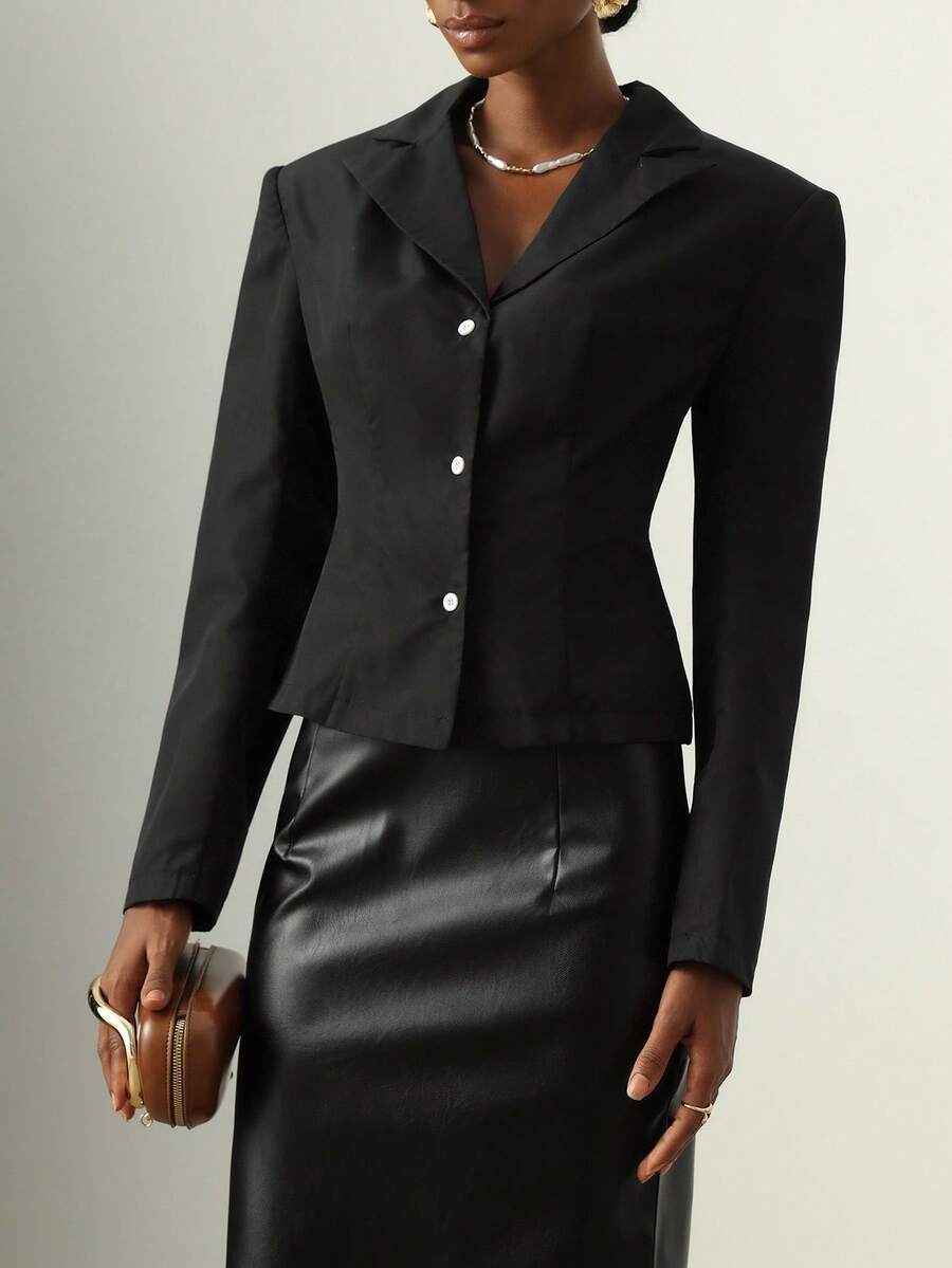 Lyxana Fashionable Elegant Solid Color Wide Shoulder Waist Shirt - Black - View 1