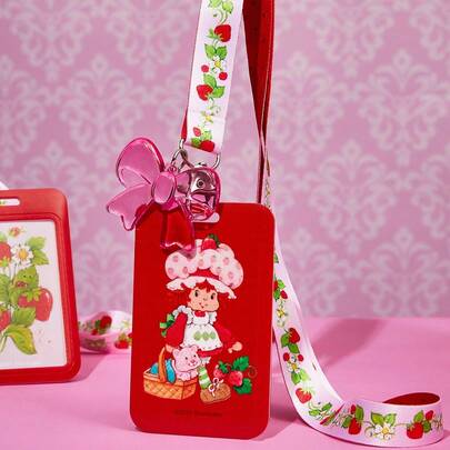 Strawberry Shortcake X SHEIN 1 pieza Titular de tarjeta con estampado de personaje de dibujos animados y decoración de lazo, sostiene 2 tarjetas, fresa, ideas de regalo