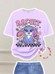 SHEIN Leap Crew 2pcs Tween Girls Casual Loose Fit Round Neck Short Sleeve T-Shirt And Flare Pants Set, Featuring Cute Cartoon Rabbit, Floral, Heart Patterns In Bright Purple And Blue, Suitable For Autumn Outfits, Easy Comfort, Autumn Layers, Stylish Kids, Casual Wear, Kids Graphic Clothes, Back To School, Fall Clothes, Homecoming Tween Clothes Casual Set 3pcs Sets Teen Girls Sets Teenage Girl Clothes Set Girls Jeans Sets Baddie Outfit Tween