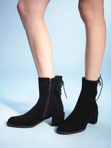 Sugerpunk Brown Vintage Pointed Toe Chunky Heel Lace-Up Side Zipper Mid-Calf Boots - Black - View 3