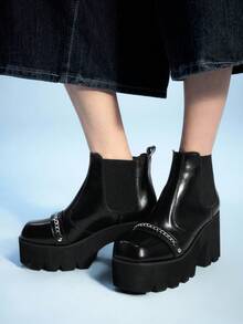 Sugerpunk 哥特风格方头金属链粗跟朋克靴，PU 皮革黑色高跟靴适合派对、日常穿着、晚礼服，增高修腿 - 黑色 - 查看 7