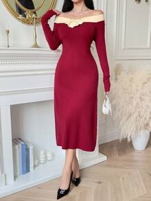 DAZY French Off Shoulder High-Quality Fitted Long Sleeve Knit Dress With Bow Decor, Autumn/Winter Sweater Dress - Burgundy - View 5