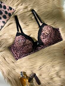 SHEIN 1 件豹纹蕾丝拼接钢圈女士文胸 - 彩色 - 查看 1