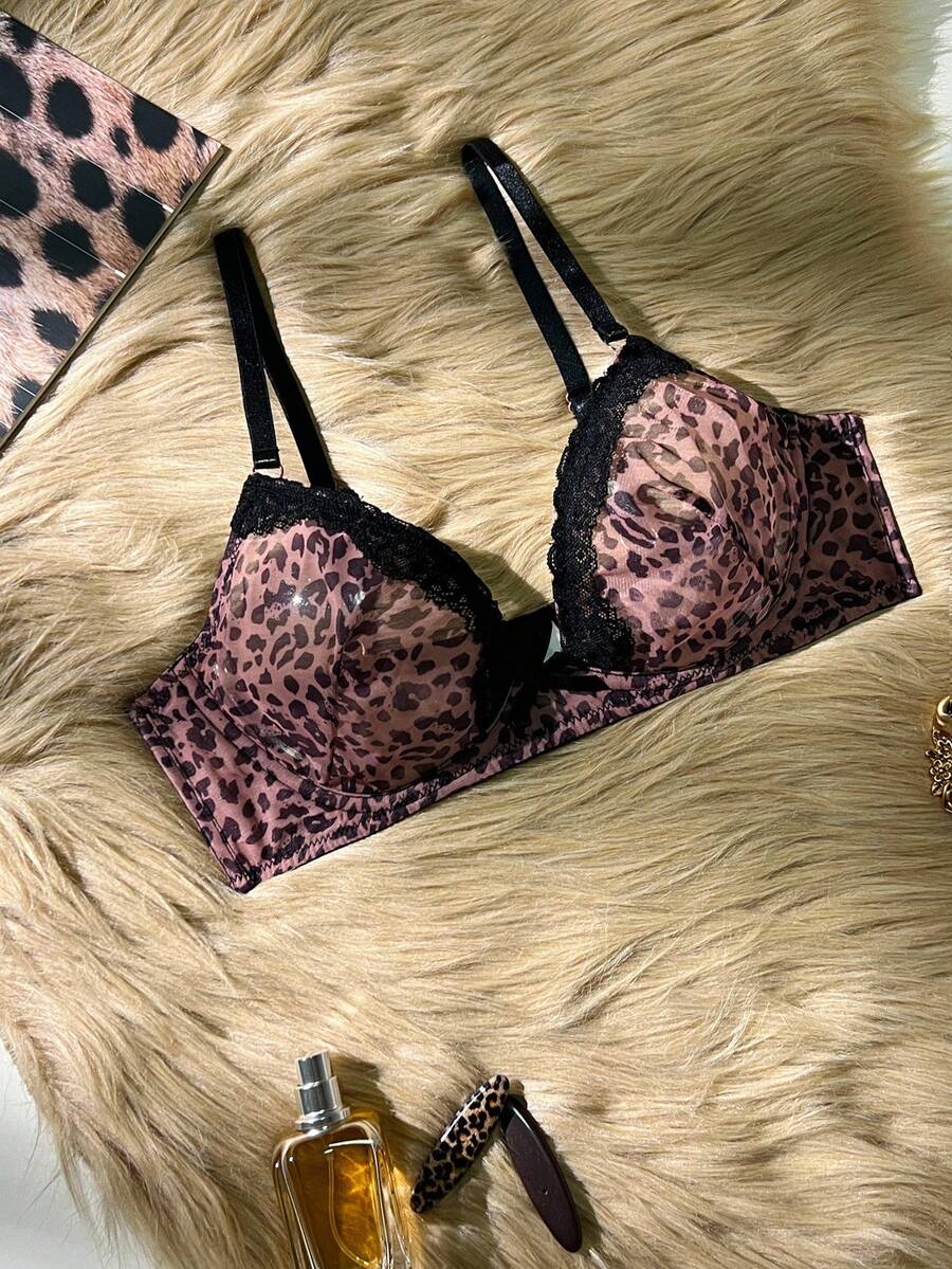 SHEIN 1 件豹纹蕾丝拼接钢圈女士文胸 - 彩色 - 查看 1