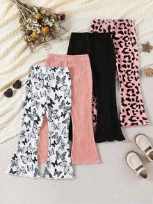 SHEIN 4pcs Young Girl Casual Multi-Color Butterfly & Leopard Print Pattern Plus Solid Color Versatile Flare Pants For Spring/Autumn Chic Outfits For Autumn/Winter