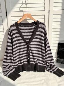 SHEIN EZwear Plus Size Coats Halloween Gothic Black And Gray Striped Knitted Cardigan Striped Cardigan Winter Fall Autumn - Multicolor - View 1