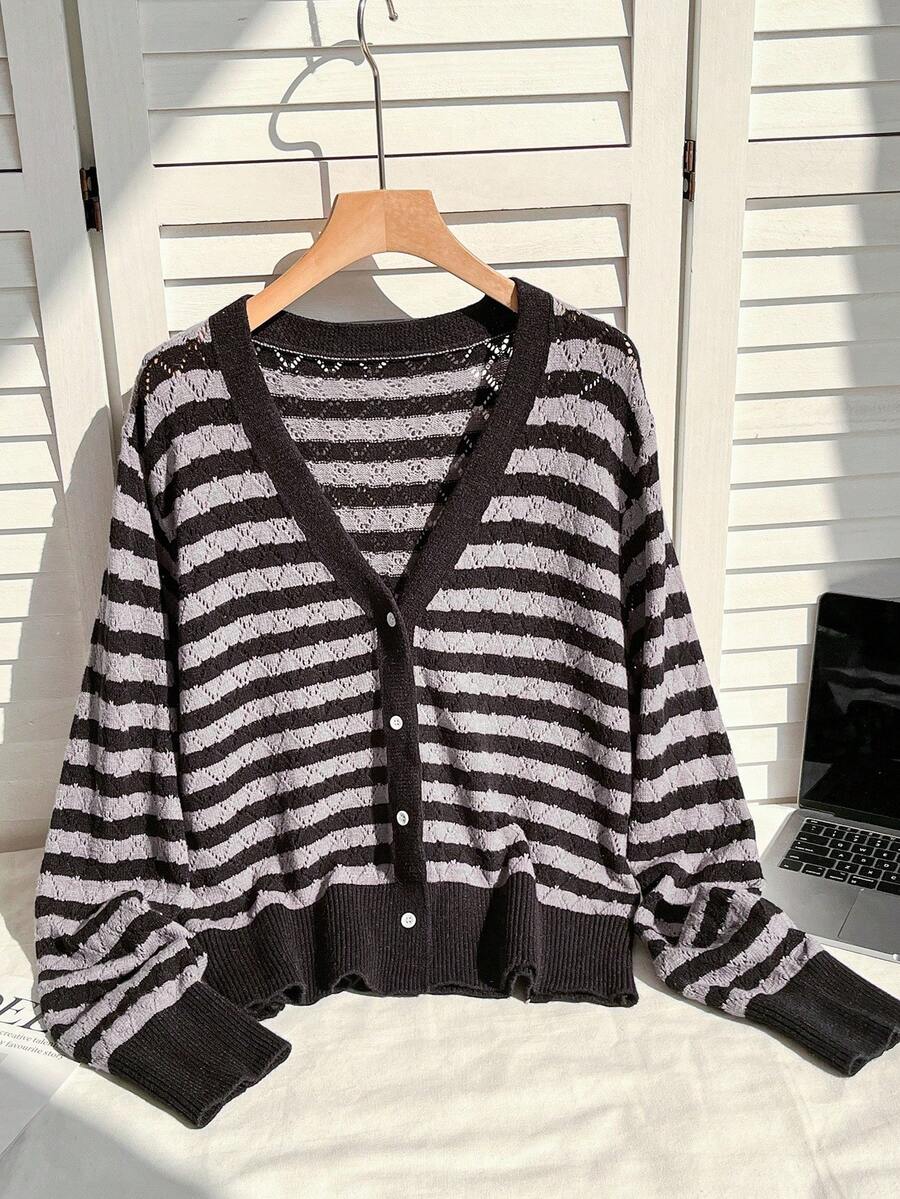 SHEIN EZwear Plus Size Coats Halloween Gothic Black And Gray Striped Knitted Cardigan Striped Cardigan Winter Fall Autumn - Multicolor - View 1