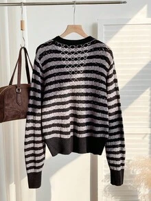 SHEIN EZwear Plus Size Coats Halloween Gothic Black And Gray Striped Knitted Cardigan Striped Cardigan Winter Fall Autumn - Multicolor - View 2