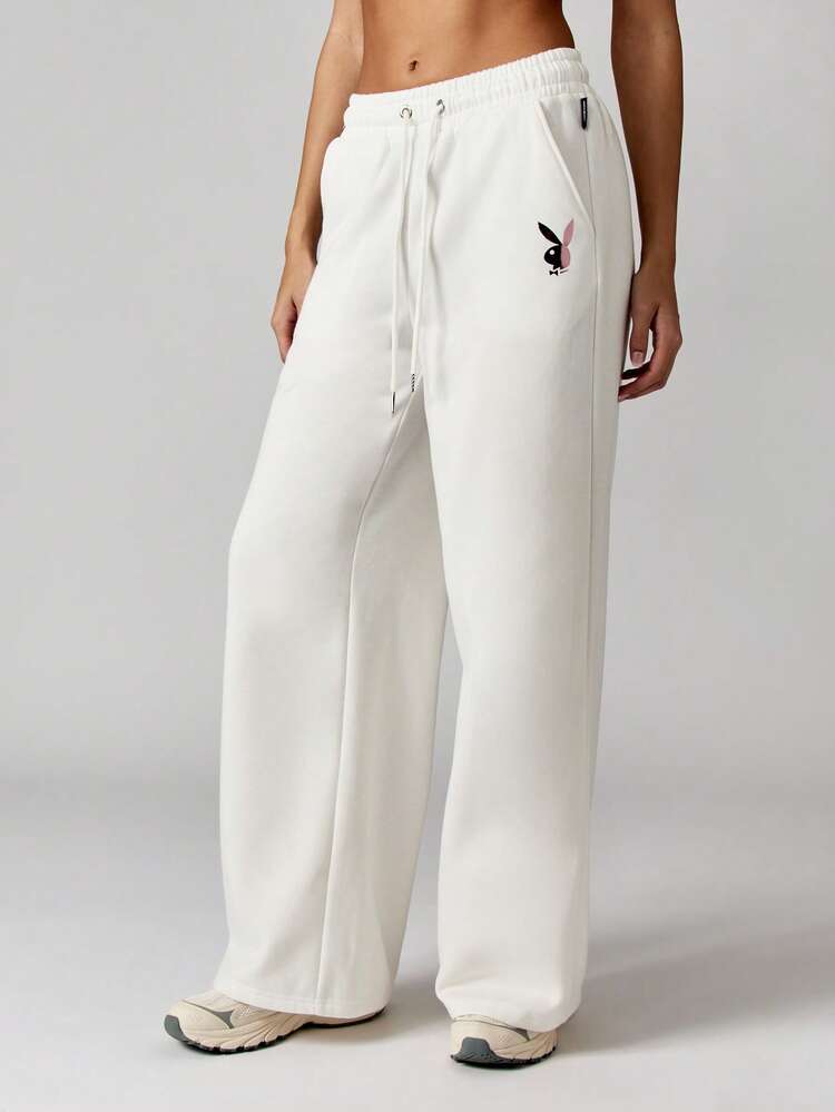 Missguided x Playboy Oversized Wide Leg Joggers Drawstring Waistband Lounge Pants Elastic Band Retro Logo Cozy Leisure Bottoms Fall Winter Casual Streetwear