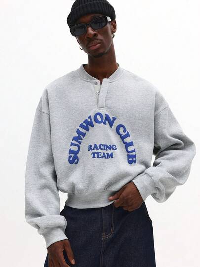 SUMWON Crop Fit Vintage Style Racing Club Graphic Henley Sweatshirt Retro Collegiate Letter Print Crewneck Pullover Casual Loose Fit Streetwear Fall Winter Sweater