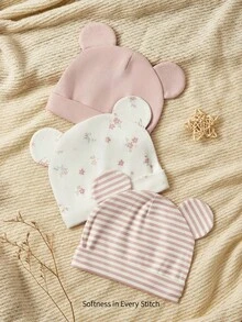 Cozy Pixies 3 chiếc/bộ mũ len mềm mại & thoải mái cho trẻ sơ sinh, họa tiết sọc, họa tiết gấu hồng - Nhiều màu - Xem 2