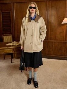 SHEIN Unity Abrigo trench reversible con capucha de manga larga y peso ligero para mujer, ajuste regular con bolsillos, reversible en caqui y marrón, vintage, pieza esencial de otoño/invierno, elegante y moderna, estilo británico, adecuado para salidas diarias, deportes ligeros, viajes, aeropuerto - Gris - Ver 7