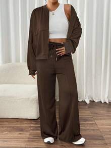 Firerie Bộ 2 áo khoác bóng chày thời trang đường phố tối giản cho nữ và quần dài lưng cao co giãn thoải mái, Thu/Đông - Cà phê nâu - Xem 5