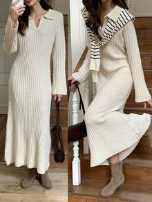 Elyressa Women's Solid Color Turndown Collar Long Sleeve Casual Knitted Dress, Autumn/Winter
