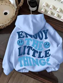 SHEIN EZwear Áo nỉ dài tay rộng rãi, in họa tiết màu xanh tối giản, có mũ, dây rút, dáng rộng, dày, thoải mái cho nữ, mùa thu/đông - Màu xanh nhạt - Xem 3