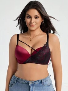 1 件大码女式蕾丝拼布钢圈文胸，舒适支撑，提升 - 彩色 - 查看 4