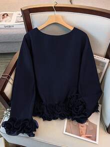 GlowEve CURVE 大码女式圆领长袖夹克，百搭简约设计，适合秋冬日常通勤，袖口荷叶边细节 - 藏蓝色 - 查看 2