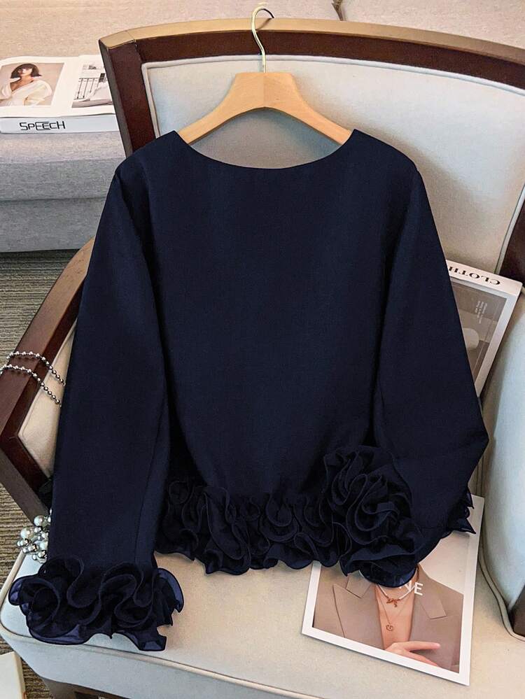 GlowEve CURVE Chaqueta de manga larga y cuello redondo para mujer de talla grande, diseño minimalista versátil adecuado para el uso diario en otoño/invierno, con detalle de puño con volantes - Azul Marino - Ver 2