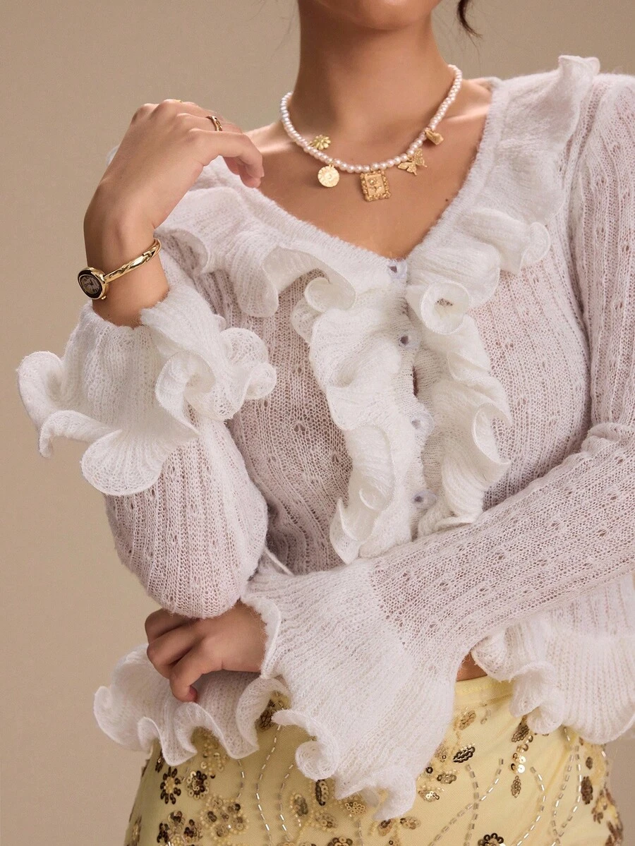 Relinas Women's French Elegant V-Neck Ruffle Trim Ribbed Knit Cardigan, Slim Fit, AutumnWarm Sweater Knitted Sweater Winter Wear Comfortable Autumn And Winter Wear Women's New Year Party Wear Can Be Worn In Many Ways